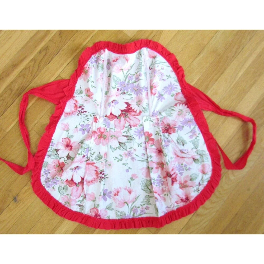 Vtg 1950s Strapless Hostess Apron Boned Floral Cotton Sweetheart Red Ruffle